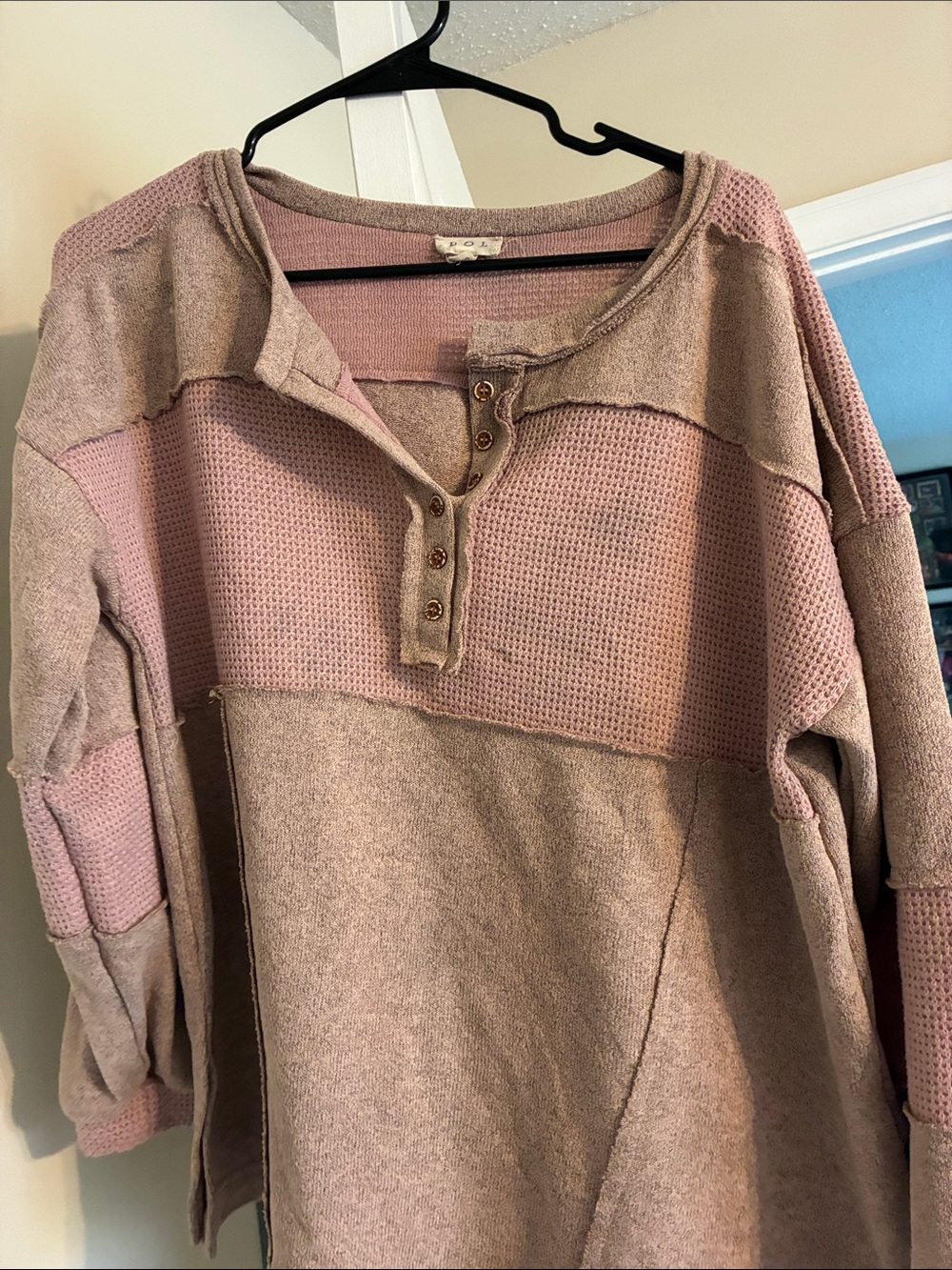 POL Pink and Taupe Patchwork Henley Sweatshirt - Picture 3 of 7
